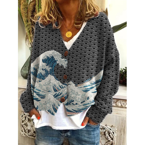 The Great Wave off Kanagawa Japanese Art Cozy Knit Cardigan