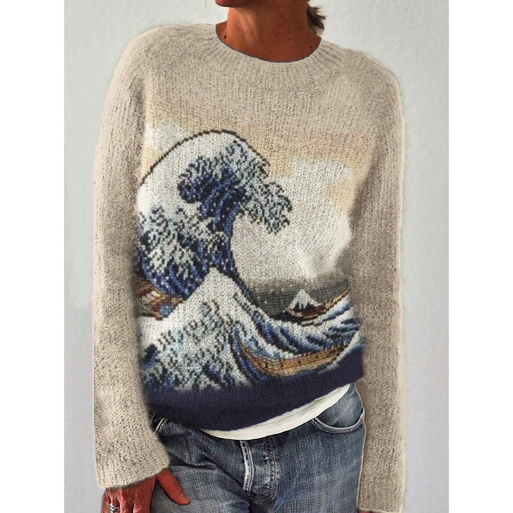 The Great Wave off Kanagawa Knit Art Cozy Sweater