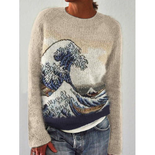 The Great Wave off Kanagawa Knit Art Cozy Sweater