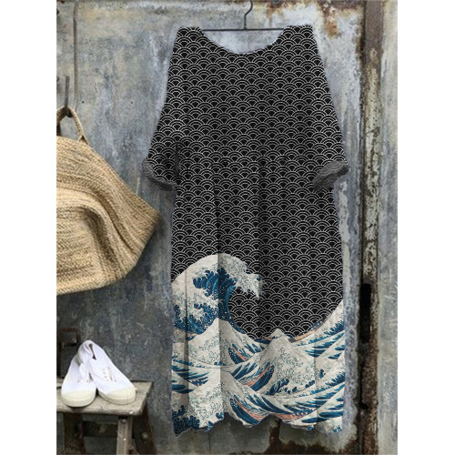 The Great Wave off Kanagawa Pleated Maxi Dress