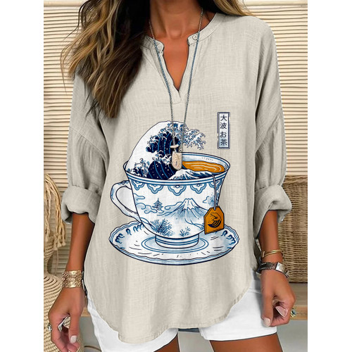 The Great Waves Tea Japanese Art Linen Blend Shirt