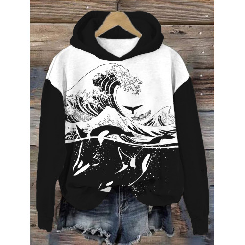 The Wave with Killer Whale Art Contrast Cozy Hoodie