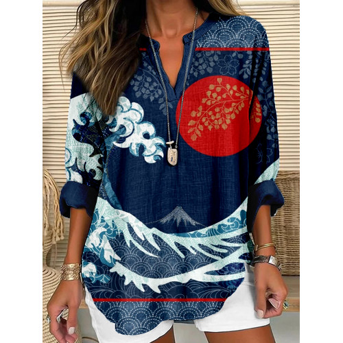 The Wave with Red Sun Japanese Art Linen Blend Shirt