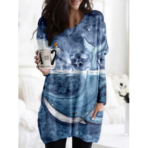 The Whale Art Painting Long Sleeve Casual Tunic