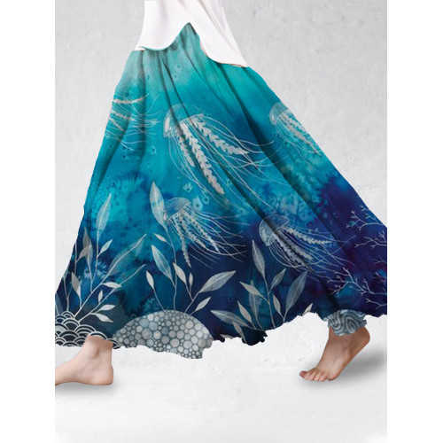 Tie Dye Ocean Turtle Art Cotton Linen Flowy Skirt