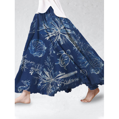 Tie Dye Ocean Turtle Art  Cotton Linen Flowy Skirt
