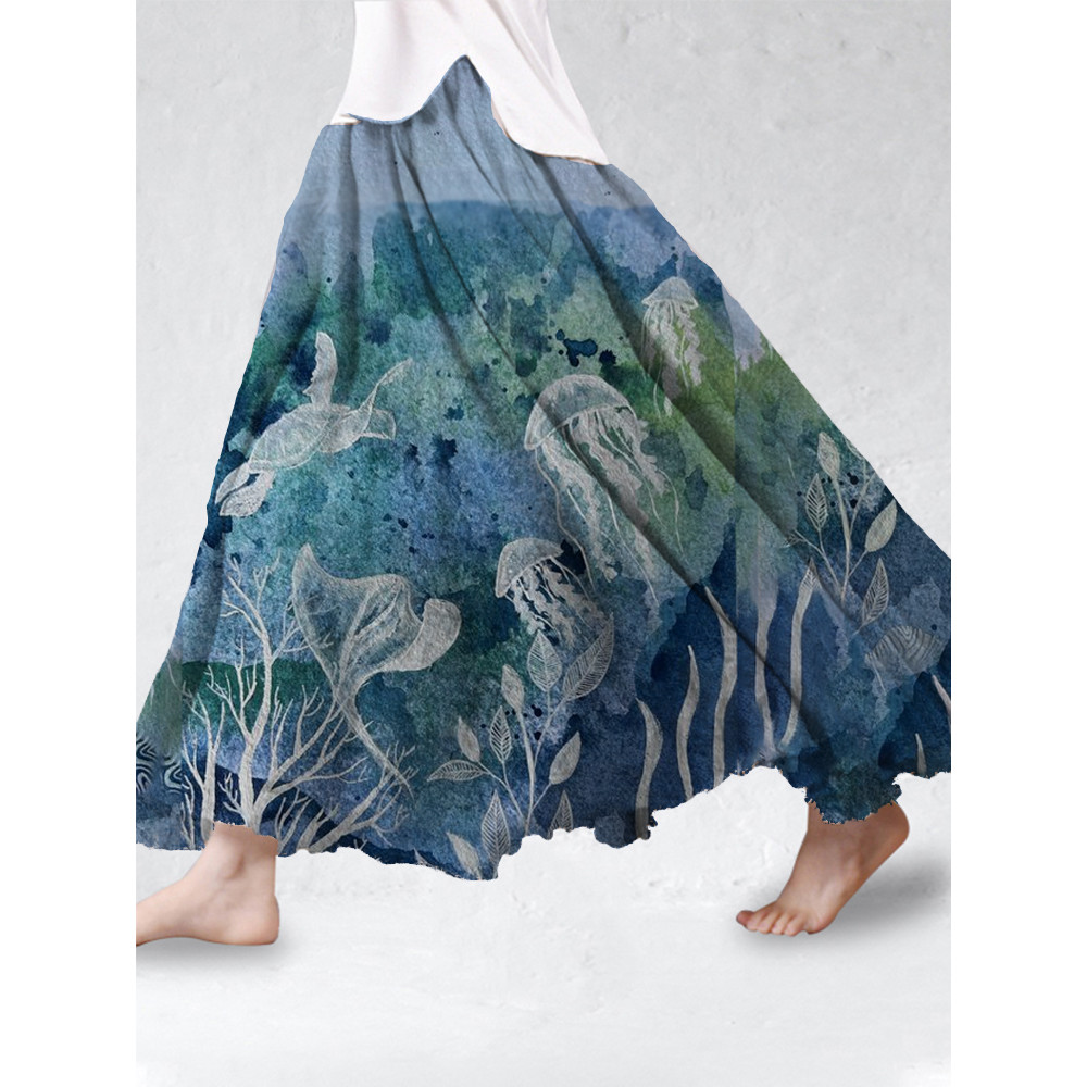 Tie Dye Ocean Turtle Art  Cotton Linen Flowy Skirt