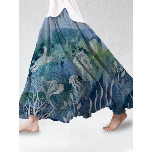 Tie Dye Ocean Turtle Art  Cotton Linen Flowy Skirt