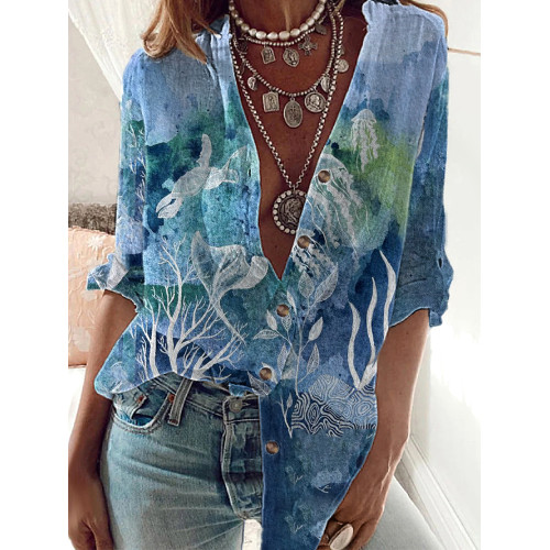 Tie Dye Sea Turtle Art Cotton Linen Flowy Shirt