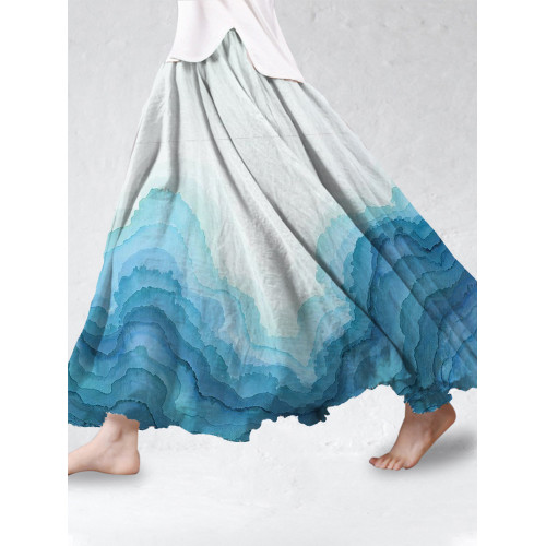 Tie Dye Sea Wave Cotton Linen Flowy Skirt