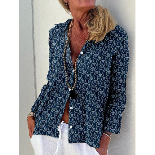 Traditional Ocean Waves Pattern Linen Blend Blouse