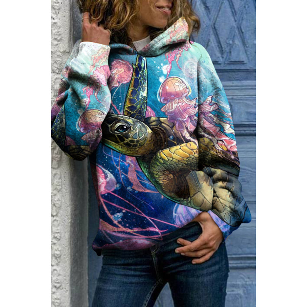 Turtle Jellyfish Print Long Sleeve Hoodie