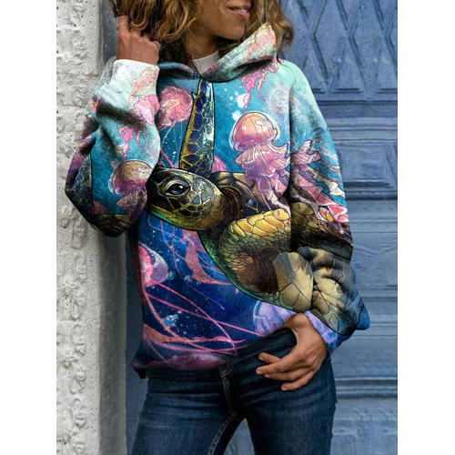 Turtle Jellyfish Print Long Sleeve Hoodie