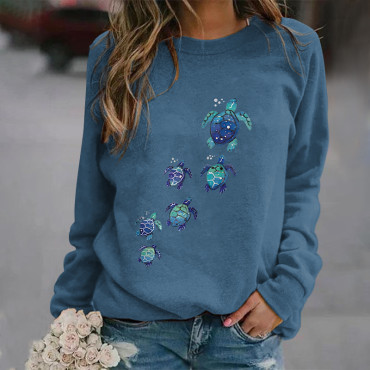 Turtle Print Round Neck Casual Sweatshirt
