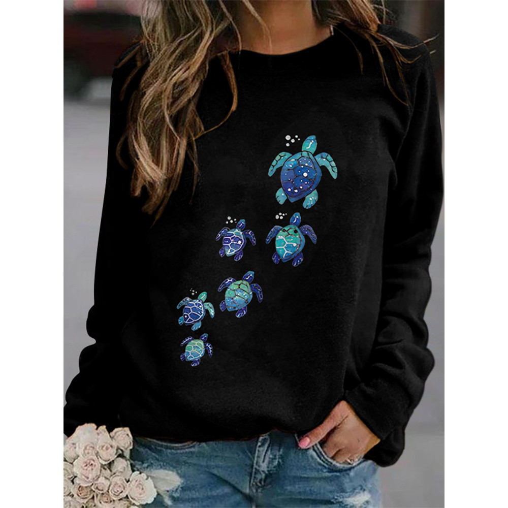 Turtle Print Round Neck Casual Sweatshirt