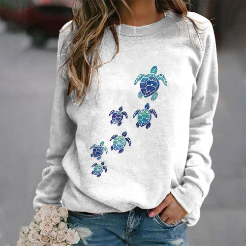 Turtle Print Round Neck Casual Sweatshirt