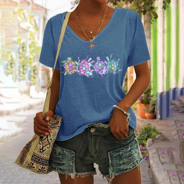 Turtle Print V Neck Short Sleeve Casual T-Shirt