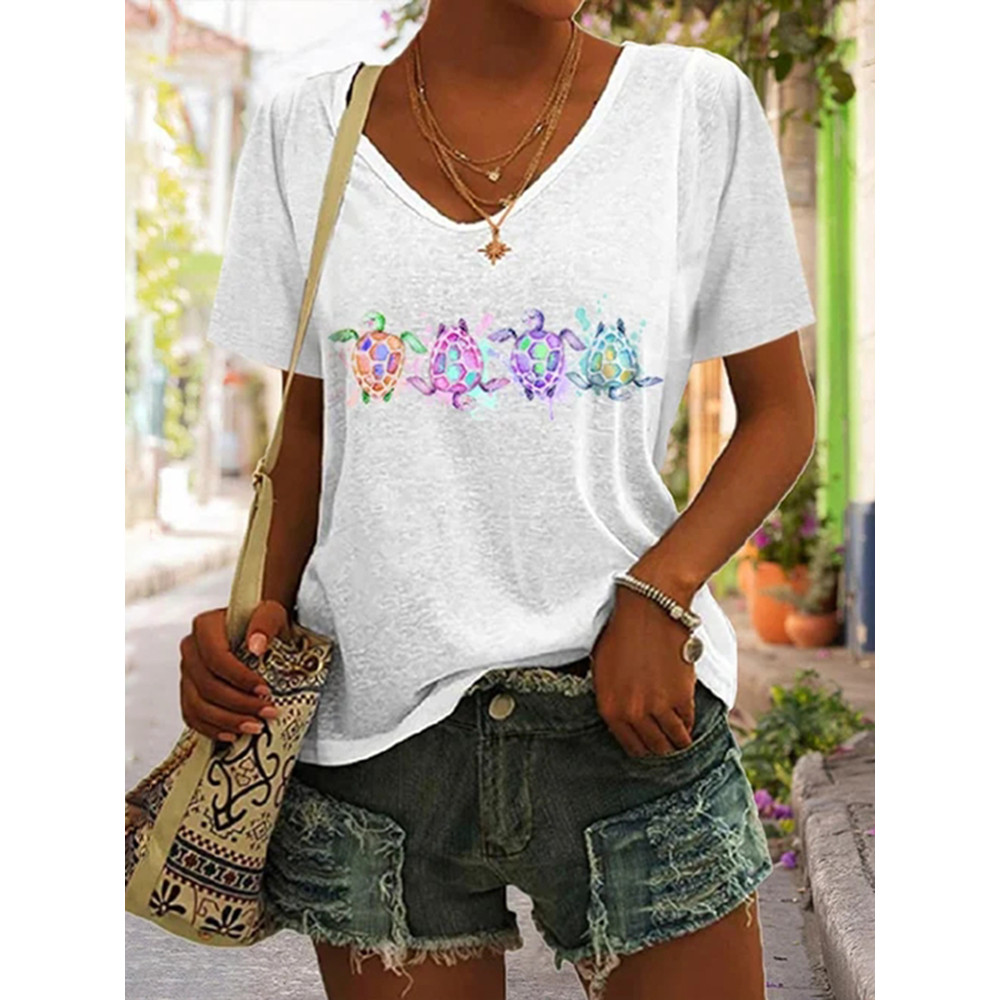 Turtle Print V Neck Short Sleeve Casual T-Shirt
