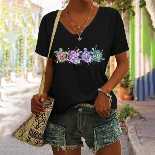 Turtle Print V Neck Short Sleeve Casual T-Shirt