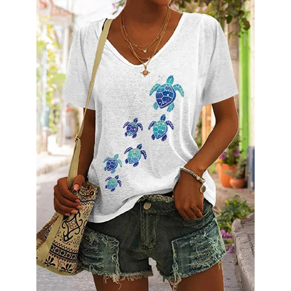 Turtle Print V Neck Short Sleeve T-Shirt