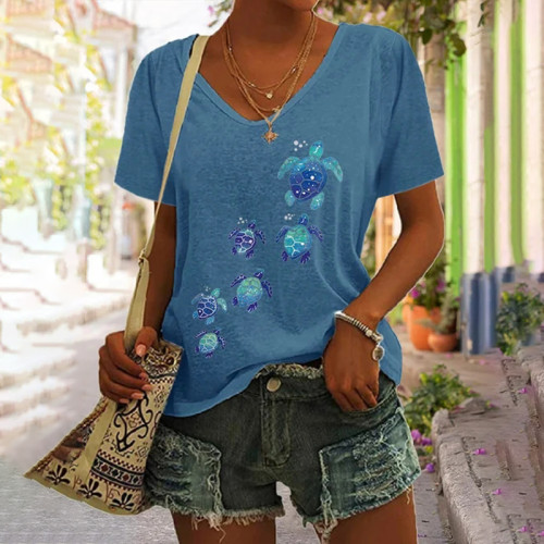 Turtle Print V Neck Short Sleeve T-Shirt