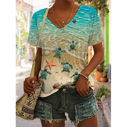 Turtle Sea Print V Neck Short Sleeve T-Shirt