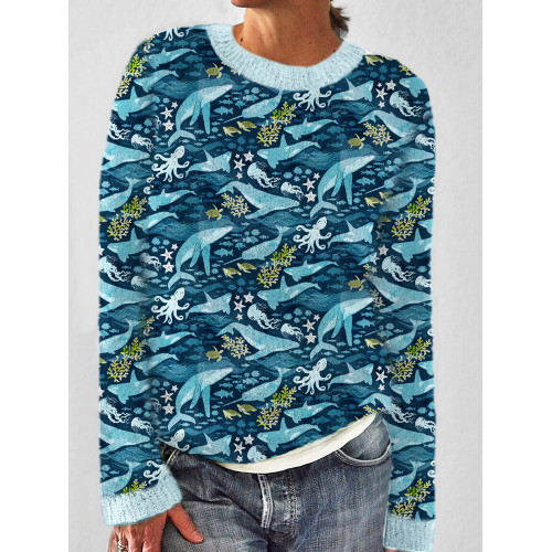 Underwater Animals Watercolor Pattern Cozy Knit Sweater