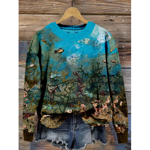 Underwater World Felt Art Pattern Cozy Pullover Sweater