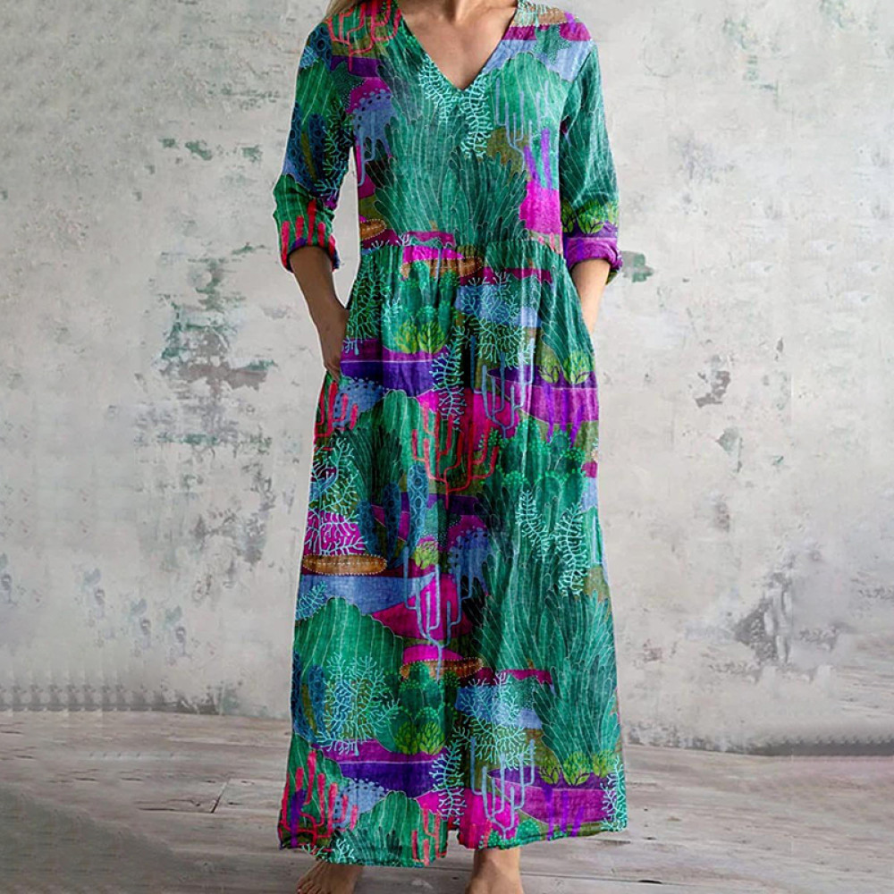 Underwater World Print V-Neck Casual Midi Dress