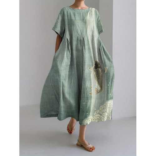 Upstream Carp Japanese Art Linen Blend Maxi Dress