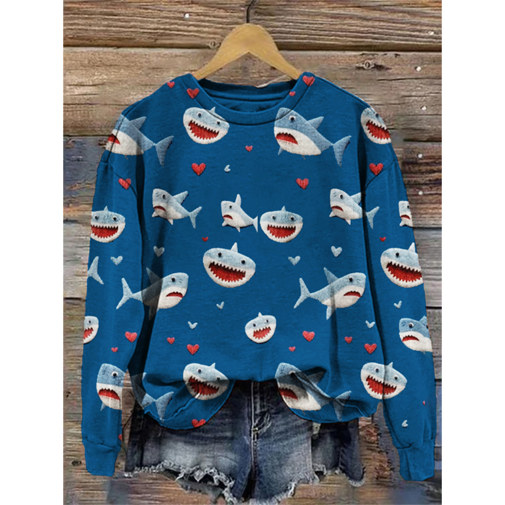 Valentine Gift Love Heart Shark Art Print Casual Cozy Sweatshirt