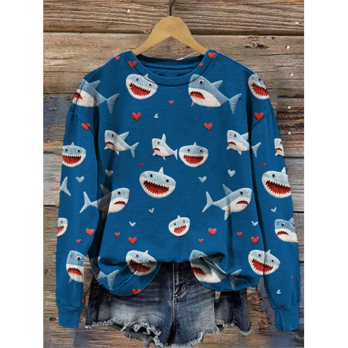 Valentine Gift Love Heart Shark Art Print Casual Cozy Sweatshirt