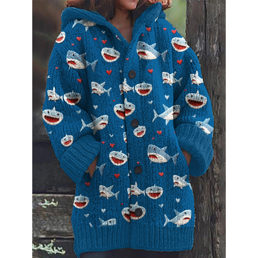 Valentine Gift Love Heart Shark Art Print Cozy Knit Cardigan