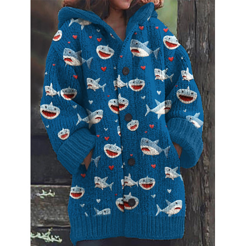 Valentine Gift Love Heart Shark Art Print Cozy Knit Cardigan