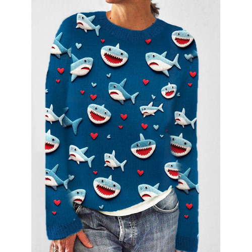 Valentine Gift Love Heart Shark Art Print Cozy Knit Sweater