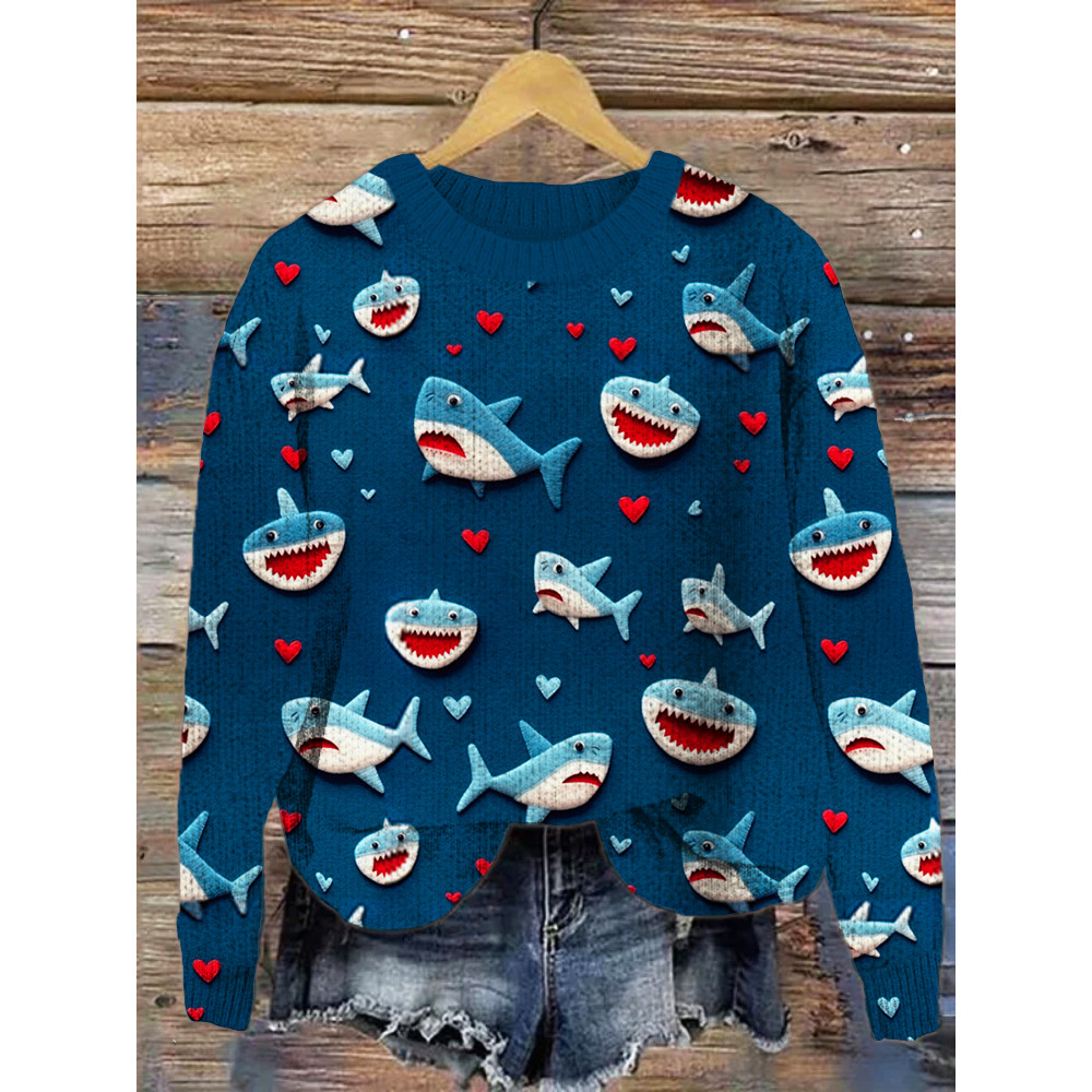 Valentine Gift Love Heart Shark Art Print Cozy Knit Sweater