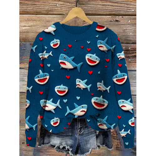Valentine Gift Love Heart Shark Art Print Cozy Knit Sweater