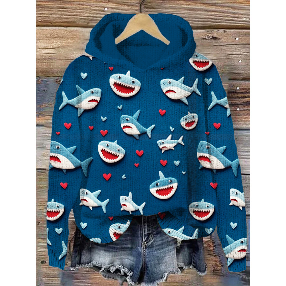Valentine Gift Love Heart Shark Art Print Hooded Sweater