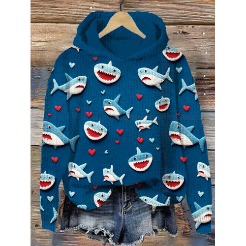 Valentine Gift Love Heart Shark Art Print Hooded Sweater