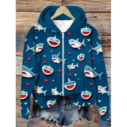 Valentine Gift Love Heart Shark Art Print Hooded Zipper Sweatshirt