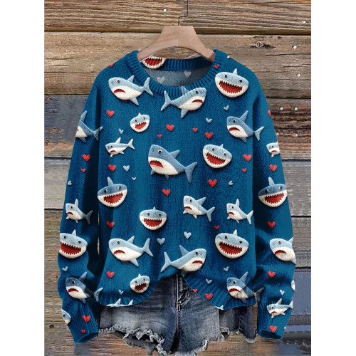 Valentine Gift Love Heart Shark Art Print Knit Pullover Sweater