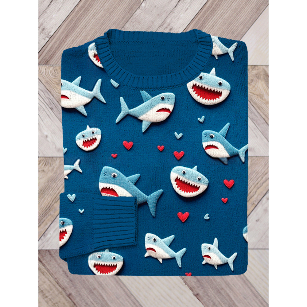 Valentine Gift Love Heart Shark Art Print Knit Sweater