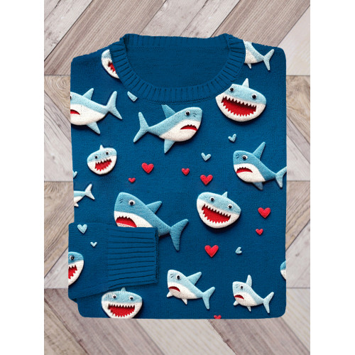 Valentine Gift Love Heart Shark Art Print Knit Sweater
