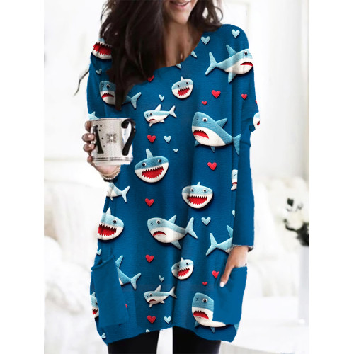 Valentine Gift Love Heart Shark Art Print Long Sleeve Loose T-Shirt
