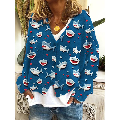 Valentine Gift Love Heart Shark Art Print V-Neck Knit Cardigan