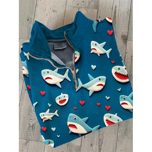 Valentine Gift Love Heart Shark Art Print Zipper Neck Sweatshirt