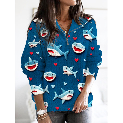 Valentine Gift Love Heart Shark Art Print Zipper Sweater