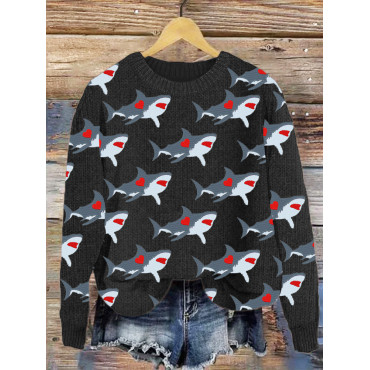 Valentine Love Heart Shark Pattern Cozy Knit Sweater
