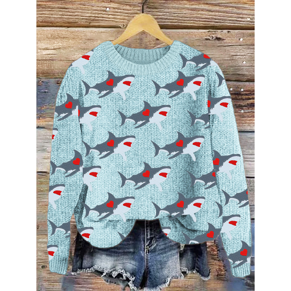 Valentine Love Heart Shark Pattern Cozy Knit Sweater