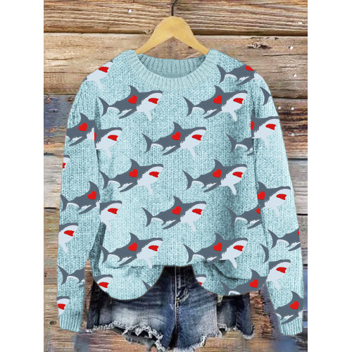Valentine Love Heart Shark Pattern Cozy Knit Sweater